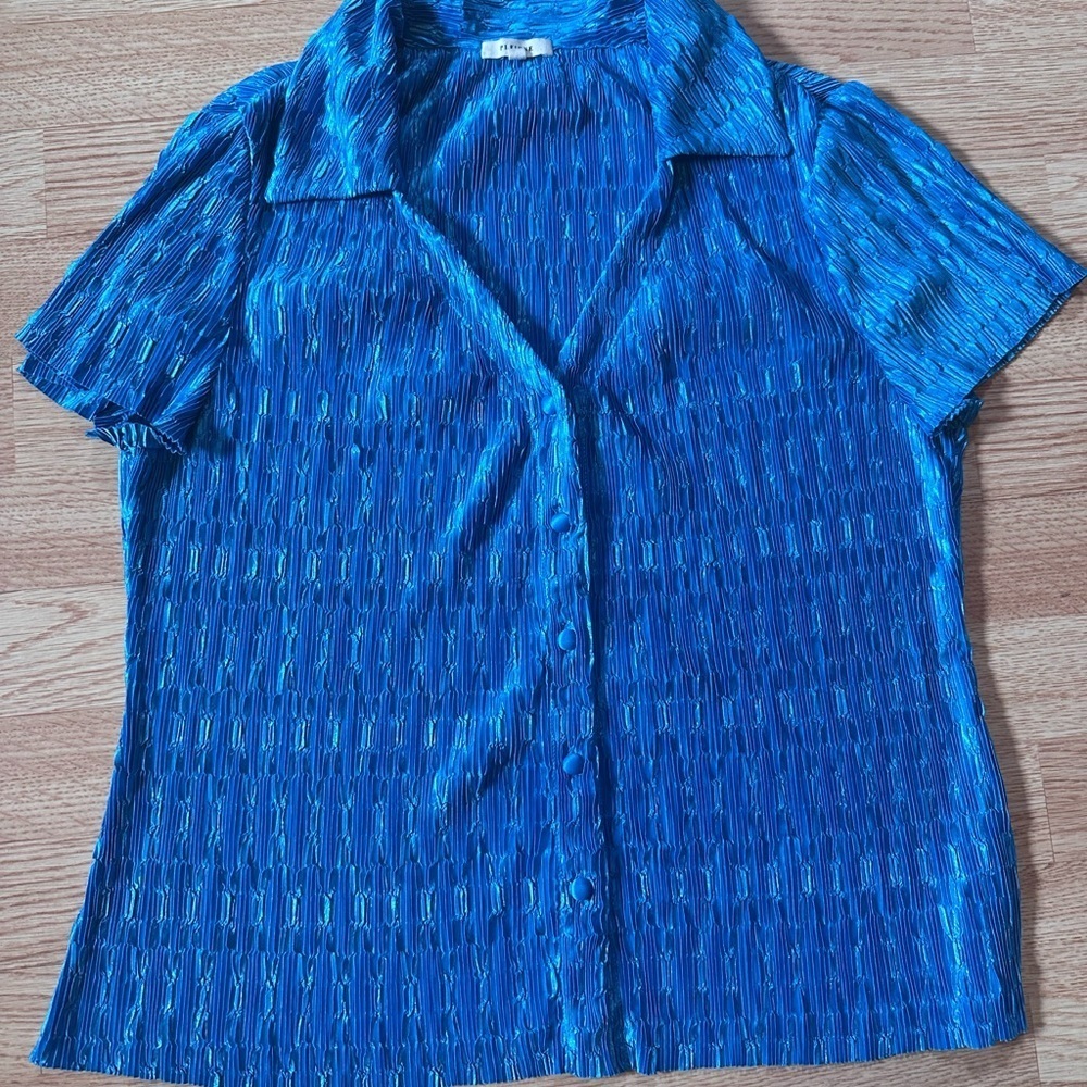 Vibrant Blue Textured Button-Up Blouse Size Large Pleione